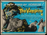 8p449 VAMPIRE British quad 1957 John Beal, it claws, it drains blood, cool art of monster & victim