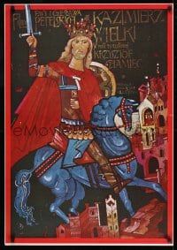 8p571 KAZIMIERZ WIELKI Polish 25x37 1976 Swierzy artwork of King on horseback w/sword!