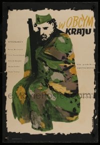 8p627 TUDJA ZEMLJA Polish 23x34 1958 cool art of soldier wrapped in blanket by Anna Huskowska!