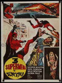 8p313 TRE SUPERMEN A TOKIO Yugoslavian 19x26 1968 Bitto Albertini, cool art of Asian superheroes!