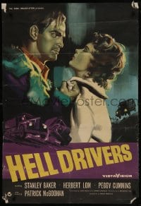 8y366 HELL DRIVERS English 1sh 1957 art of Stanley Baker grabbing sexy Peggy Cummins!