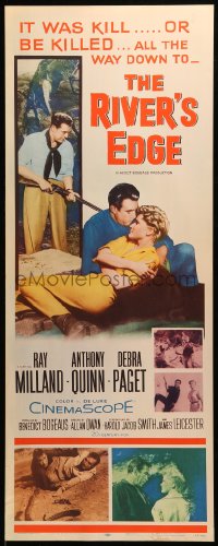 9c884 RIVER'S EDGE insert 1957 Ray Milland & Anthony Quinn fighting, Debra Paget!