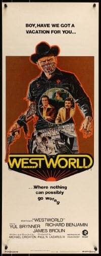 9c976 WESTWORLD insert 1973 Michael Crichton, cool artwork of cyborg Yul Brynner by Neal Adams!