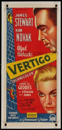 9j119 VERTIGO linen Aust daybill 1958 Richardson Studio art of James Stewart & Novak, Hitchcock!