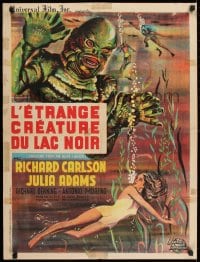 9t212 CREATURE FROM THE BLACK LAGOON French 24x31 R1962 art of monster looming over Adams!