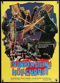 9w566 GODZILLA ON MONSTER ISLAND German 1972 cool art of battling monsters Ghidorah & Gigan!