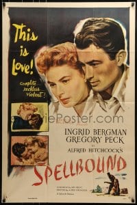 9y794 SPELLBOUND 1sh R1950s Hitchcock, different art of Ingrid Bergman & Gregory Peck!