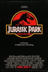 1c505 JURASSIC PARK advance DS 1sh 1993 Steven Spielberg, classic logo with T-Rex over red background