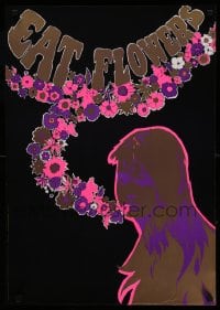 1d848 EAT FLOWERS 21x29 Dutch commercial poster 1960s psychedelic art of pretty woman & flowers!