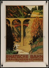 1d913 RHATISCHE BAHN 18x25 Swiss commercial poster 1980s train going over bridge by Schlatter!