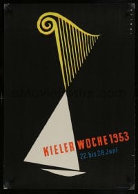 1d106 KIELER WOCHE 1953 German 1953 cool Ernst Irmier art of sailboat and structure!