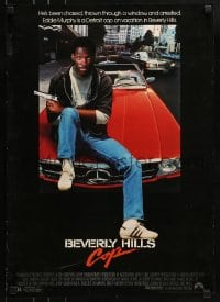 1d949 BEVERLY HILLS COP mini poster 1984 great image of cop Eddie Murphy sitting on Mercedes!