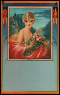 1d582 GENE PRESSLER 14x22 calendar sample 1920s art of pretty woman holding flowers, Moonlight Charm