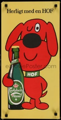 1d388 HERLIGT MED EN HOF 12x24 Danish advertising poster 1980 Hof dog holding a bottle of pilsner!