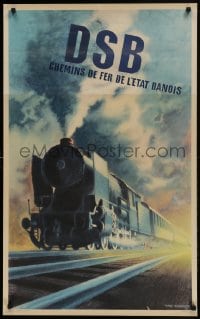 1d138 DSB Danish 24x39 travel poster 1950 great Aage Rasmussen artwork of locomotive & train!