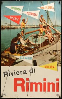 1d166 RIVIERA DI RIMINI Italian 25x39 travel poster 1947 several people relaxing on a sailboat!