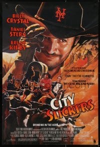 3g222 CITY SLICKERS advance 1sh 1991 great artwork of cowboys Billy Crystal & Daniel Stern!