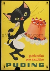 3k303 PUDING 23x33 Czech advertising poster 1950s great art of a cat eating custard!