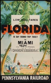 3k089 PENNSYLVANIA RAILROAD FLORIDA 25x41 travel poster 1930s art of busy beach under palm trees!