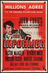 3y420 INFORMER 1sh R1955 directed by John Ford, great close up art of angry Victor McLaglen!