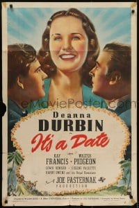 3y432 IT'S A DATE style D 1sh 1940 Deanna Durbin in blue dress between Howard and Pidgeon, rare!