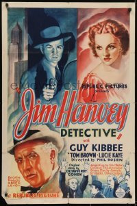 3y444 JIM HANVEY DETECTIVE 1sh 1937 wonderful art of Guy Kibbee, Tom Brown, Lucie Kaye!