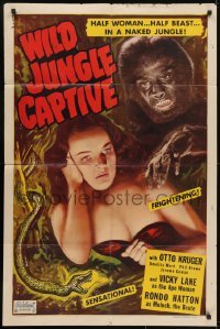 3y452 JUNGLE CAPTIVE 1sh R1952 Vicky Lane as the Ape Woman, Rondo Hatton as Moloch the Brute!