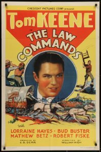 3y481 LAW COMMANDS 1sh 1937 cool western artwork montage of cowboy hero Tom Keene!