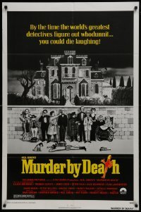 3y592 MURDER BY DEATH 1sh 1976 great Charles Addams art of cast by dead body, yellow title design!