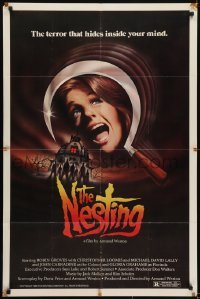 3y608 NESTING 1sh 1981 cool art of terrified girl in giant sickle + cool haunted house!