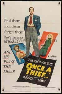 3y636 ONCE A THIEF 1sh 1950 artwork of Cesar Romero, June Havoc & Marie McDonald!