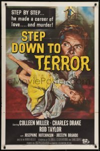 3y809 STEP DOWN TO TERROR 1sh 1959 he made a career of love and murder, cool noir artwork!