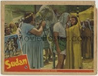 3z894 SUDAN LC 1945 Jon Hall & smiling Maria Montez standing by horse in Ancient Egypt!