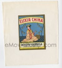 4h231 COLOMBO linen Italian 4x6 liquor label 1950s advertising their Elixir China, Asian woman art!