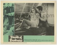 4p244 DEVILS OF DARKNESS LC #5 1965 close up of William Sylvester & sexy Tracy Reed on bed!