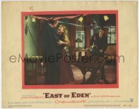 4p279 EAST OF EDEN LC #6 1955 James Dean watches happy Raymond Massey & Julie Harris at party!