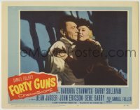 4p329 FORTY GUNS LC #7 1957 best close up of Barbara Stanwyck & Barry Sullivan behind bars!