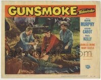 4p383 GUNSMOKE LC #8 1953 cowboy Audie Murphy watches Paul Kelly tend to wounded man on ground!