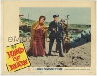 4p386 HAND OF DEATH LC #7 1962 Paula Raymond with cop pointing gun at cheesy monster on beach!