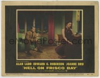 4p401 HELL ON FRISCO BAY LC #6 1956 Alan Ladd sitting on bed looks at Joann Dru across the room!