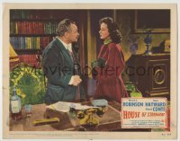 4p427 HOUSE OF STRANGERS LC #2 1949 c/u of Edward G. Robinson & Susan Hayward standing by desk!