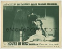 4p428 HOUSE OF WAX 2D LC #7 1953 cool 3-D image of cloaked man about to choke pretty girl in bed!