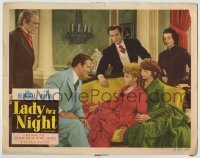 4p500 LADY FOR A NIGHT LC R1950 c/u of John Wayne & Joan Blondell on couch surrounded by top cast!