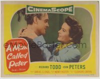 4p555 MAN CALLED PETER LC #7 1955 romantic close up of Richard Todd & pretty Jean Peters!