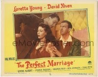 4p663 PERFECT MARRIAGE LC #6 1946 Eddie Albert & David Niven inspect Loretta Young's shoulder!