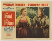 4p688 PROUD & PROFANE LC #5 1956 close up of soldier William Holden sitting by Deborah Kerr!