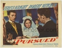 4p694 PURSUED LC #7 1947 close up of Robert Mitchum & Teresa Wright on their wedding day!