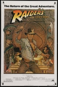 4s775 RAIDERS OF THE LOST ARK 1sh R1982 great Richard Amsel art of adventurer Harrison Ford!