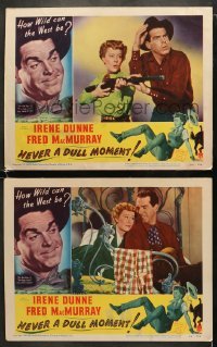 4w945 NEVER A DULL MOMENT 2 LCs 1950 Irene Dunne, Fred MacMurray, how wild can the west be?