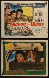 4w355 OUTPOST IN MALAYA 8 LCs 1952 Claudette Colbert & Jack Hawkins where civilization ends!